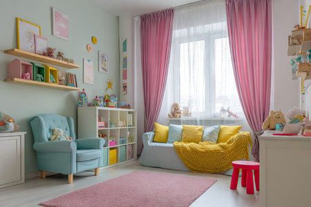 A bright, pastel-hued children&#39;s room with pink curtains and colorful toysの素材