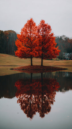 Two vibrant trees with autumn foliage reflected in still water on a cloudy dayの素材