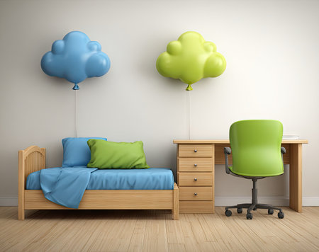 Bedroom with a bed, desk, green chair, and cloud balloons on a light wallの素材