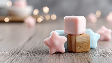 Soft-focus shot of pastel-colored shapes cube on wood block, stars on wood grainの素材