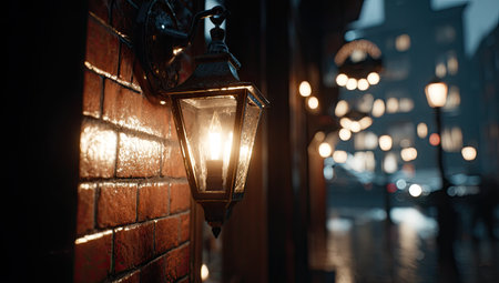 A vintage lantern emits a warm glow against a weathered brick wall. The scene is set in a nighttime outdoor environment, possibly a street, with falling rain. Bokeh lights create a blurred background. This image could be suitable for various design projects or editorial purposes.の素材
