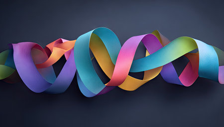 A vibrant ribbon design featuring multiple colors winds across a dark backdrop. The composition highlights curving forms and a mix of hues, from orange and yellow to blue and purple. This image could be used in a variety of applications, including design, marketing, or other creative projects.の素材