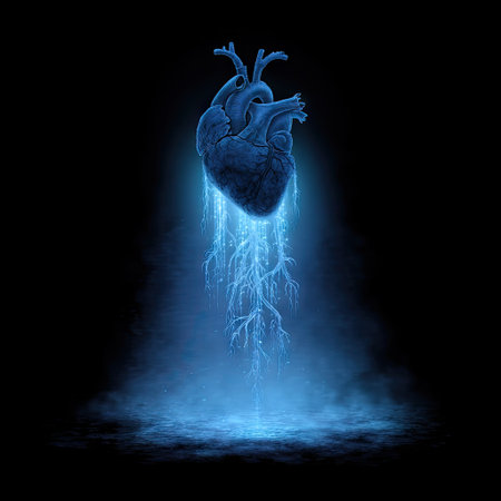 An artistic depiction showcases a human heart suspended against a black backdrop, emitting glowing blue energy. The heart is rendered with detailed textures, while stylized roots emanate from it. The composition utilizes dramatic lighting and dark color palette, creating a sense of mystery. Suitable for various conceptual and editorial applications.の素材