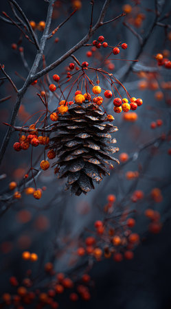 A detailed view presents a pine cone hanging from a branch, contrasted by vibrant orange berries. The composition features cool tones and shallow depth of field. It depicts a natural setting with overhead lighting. Suitable for editorial and commercial projects related to nature or design.の素材