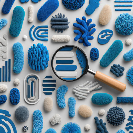 The image showcases an overhead arrangement of diverse blue objects, including various shapes and textures, against a neutral background. A magnifying glass is positioned above some of the objects, creating a focal point. The composition utilizes vibrant blue hues with soft lighting, suitable for scientific or abstract visual projects.の素材