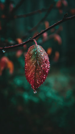 A single leaf, displaying shades of red and green, is the primary focus of this image. Water droplets cling to its surface, reflecting light. The leaf hangs from a thin branch against a blurred background. This artistic composition suggests outdoor elements and could be used for various commercial or editorial purposes.の素材