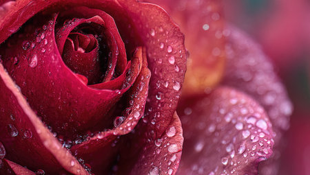 A detailed image displays a captivating red rose, its petals glistening with water droplets. The composition emphasizes the flower's texture and intricate details. The lighting suggests a soft, diffused illumination, potentially outdoors. This image is suitable for various uses, including editorial content and marketing materials.の素材