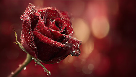 This image features a close-up view of a red rose covered in water droplets. The rose is in sharp focus, displaying intricate details of its petals. The background is blurred with warm red hues creating a soft and romantic ambiance. This photograph could be used in various commercial projects such as editorial articles or decorative purposes.の素材