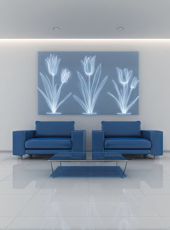 An interior scene presents two blue sofas facing a low glass table beneath floral-themed artwork. The room's modern aesthetic features a minimalist style with bright, even lighting. The overall composition and design are suitable for use in home decor, architectural projects, or lifestyle publications.の素材