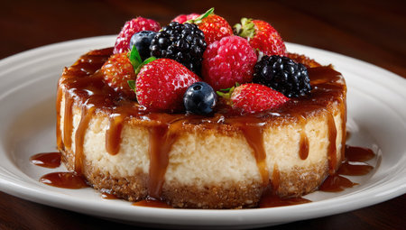 A close-up showcases a cheesecake dessert on a white plate. The cake features a creamy texture, topped with an assortment of fresh berries and drizzled with caramel sauce. The composition is well-lit, emphasizing the dessert's colors and details. Suitable for culinary projects or food-related publications.の素材