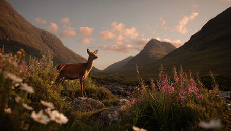 A deer stands in a mountainous landscape, bathed in warm sunlight. The composition features a mix of green grass, flowers, and rocky terrain. The naturalistic style, with soft textures, hints at a serene outdoor setting. This image could be used for environmental themes or to convey tranquility.の素材
