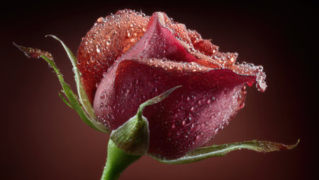 A macro photograph showcases a single red rose, its petals glistening with water droplets. The composition highlights intricate textures and subtle color gradations. The dark background provides contrast, emphasizing the flower's beauty. This image may be suitable for various commercial and illustrative projects.の素材