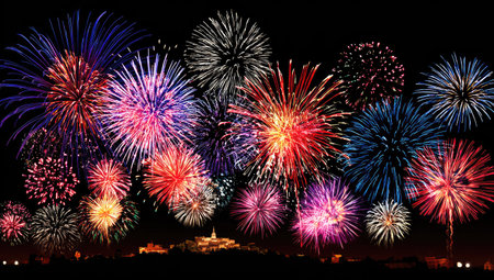 A vibrant display of fireworks explodes in a night sky, showcasing a variety of colors and shapes. The composition features bright bursts of light over a dark backdrop. This image could be used for commercial projects related to celebrations and events.の素材