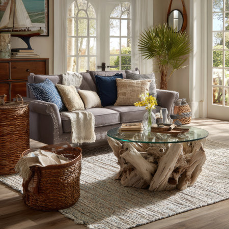 This image presents a warm interior scene featuring a comfortable sofa with various pillows and blankets. A glass-top coffee table rests on a unique wooden base, complemented by a rug. Natural light streams through large windows, illuminating the space, ideal for home decor and lifestyle content.の素材