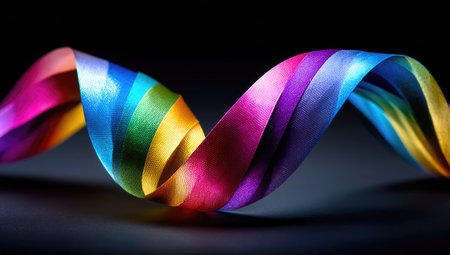 A vibrant ribbon twists and turns against a deep black backdrop. The ribbon displays a spectrum of colors, including shades of red, orange, yellow, green, blue, and purple. The lighting accentuates the textures and curves of the object, suitable for use in design projects.の素材