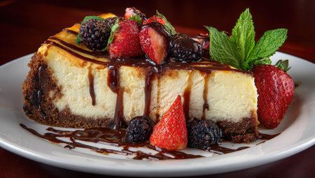 A slice of cheesecake is presented on a white plate, topped with fresh strawberries, blackberries, and a drizzle of chocolate sauce. The image showcases a close-up view with soft lighting, highlighting the textures of the cake and the vibrant colors of the berries. Suitable for various uses, including food-related content.の素材