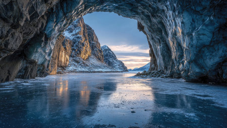 An expansive view reveals a cavern featuring frozen water at its floor and a mountainous backdrop. The scene showcases cool tones, from the icy blue of the water to the muted colors of the rocks. The image is suitable for various uses like illustrating travel or environmental concepts.の素材