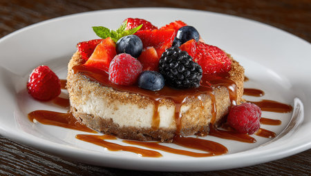 A small dessert featuring a crust base, creamy filling, and an assortment of fresh berries. The sweet treat is topped with a caramel drizzle. The image showcases a close-up composition, with the dessert resting on a white plate, suitable for use in culinary or food-related projects.の素材