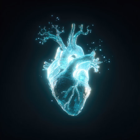 A glowing, translucent heart is centrally positioned against a dark background. The illustration showcases a network of veins and arteries. The visual style is modern and digital, with a focus on illumination and a sense of depth. It could be used in presentations related to health, medical research, or scientific concepts.の素材
