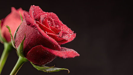 A close-up view showcases a single red rose in full bloom, adorned with glistening water droplets. The flower, with its velvety texture, is set against a dark background. The composition employs shallow depth of field, creating a sense of intimacy and highlighting the flower's intricate details. This image may be suitable for various commercial and editorial applications.の素材