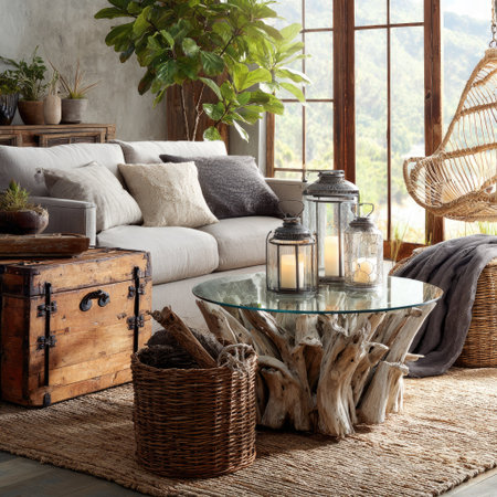 This interior scene showcases a living room with a sofa, glass-topped table, and a woven hanging chair. The room is filled with natural light streaming through the windows. Textures include wood, woven elements, and soft fabrics. It is suitable for illustrating lifestyle, home decor, and interior design concepts.の素材