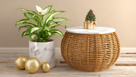 An indoor scene showcases a potted plant with lush green and white foliage next to a woven table adorned with a small decorated tree. Gold spheres are placed on the floor. The composition employs warm lighting and a neutral background, suggesting possible use in home decor or lifestyle related projects.の素材