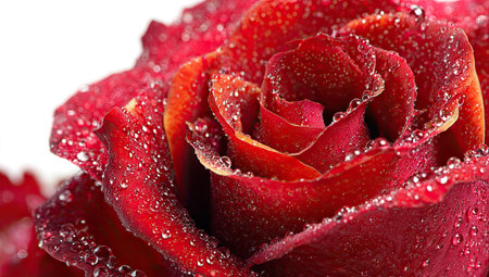 A detailed photograph presents a red rose, covered in water droplets, isolated against a white background. The image displays the flower's textured petals, rendered in shades of crimson and dark red, with a high degree of clarity. This visual is suitable for various commercial projects, including editorial and design uses.の素材