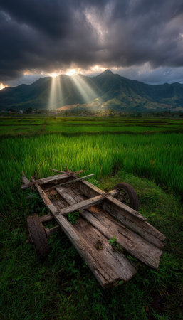 A weathered wooden boat rests in a lush, green field, framed by rolling hills and a dramatic sky. The scene is bathed in sunlight breaking through dark clouds, creating a contrast between light and shadow. This image could be used for editorial purposes, illustrating themes of nature, travel, or tranquility.の素材
