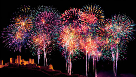 A vibrant display of fireworks explodes in the night sky, illuminating a silhouette of a city. The scene showcases a variety of colors and textures, with a dark background providing contrast. Ideal for illustrating celebrations, events, or artistic themes. Suitable for commercial use, including advertising and editorial content.の素材