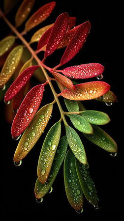 A close-up view captures a leaf branch with varying hues of red, green, and yellow, detailed with water droplets. The composition features a shallow depth of field, emphasizing the texture and forms against a stark black backdrop. Suitable for illustrating natural elements and can be used in various design projects.の素材