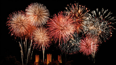Vibrant fireworks erupt in a dark nighttime environment, showcasing various colors and patterns. The image displays an array of illuminated bursts creating a celebratory spectacle. The composition includes a silhouetted structure below, suggesting a possible celebration. Suitable for use in commercial projects and editorial content.の素材