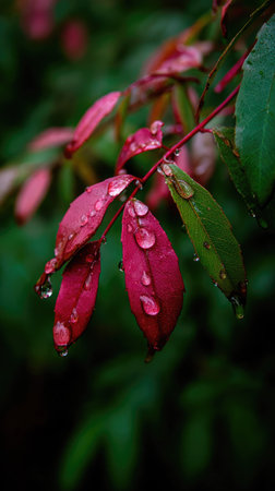 This image showcases close-up view of red and green leaves with water droplets on its surface. The natural composition features a soft focus and a dark backdrop. The leaves appear wet and healthy, capturing light. The image can be used for diverse projects related to nature, seasons, or environmental themes.の素材