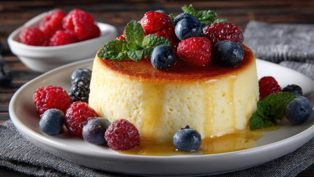 A sweet dessert, topped with fresh berries and mint leaves, is placed on a white plate, suggesting a close-up shot. The dessert features a golden-brown surface with drizzled sauce, and is surrounded by fresh berries. The scene is lit with soft, natural light, suitable for various commercial or editorial projects.の素材