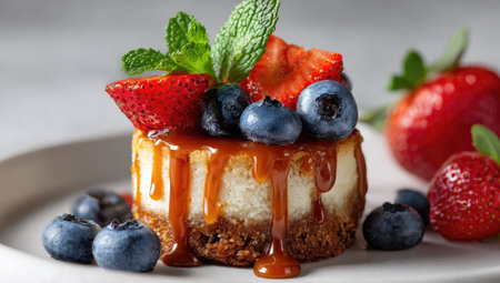 A close-up showcases a small cheesecake adorned with strawberries, blueberries, and fresh mint. Caramel sauce drips down the side of the dessert. The composition features bright colors and a shallow depth of field, suggesting a studio environment. This image could be used for food blogs, recipe demonstrations, or culinary publications.の素材