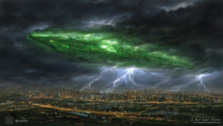 An artistic depiction features a luminous green cloud hovering above a city at night. Jagged lightning illuminates the dark sky, while the city lights provide contrast. The composition is dramatic and uses a digital painting style. It could be utilized in visual projects for science fiction or conceptual designs.の素材