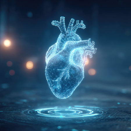 A digital rendering showcases a detailed 3D model of a human heart, depicted in a network of interconnected blue lines. The image features a dark blue background with scattered, soft-focused light points. Its composition suggests a futuristic or technological theme. This image can be used for scientific, medical, or design projects.の素材