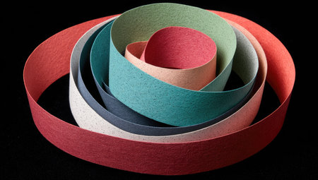 The image showcases concentric circles of colorful paper strips arranged against a dark backdrop. The paper displays various hues like red, green, and white. The composition features an overhead perspective, highlighting the layered textures and forms. It is suitable for use in design projects, advertising campaigns, or conceptual art pieces.の素材