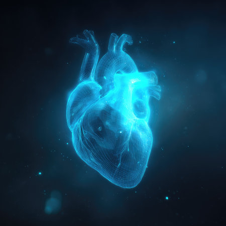 A digitally rendered human heart model glows with a vibrant blue light against a stark black backdrop. The image showcases a detailed anatomical structure with a futuristic aesthetic, and subtle particles add depth. Suitable for medical presentations, educational resources, and design projects, it offers versatility in various commercial applications.の素材