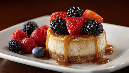 A close-up showcases a small cheesecake with vibrant berries and caramel drizzle on a white plate. The composition uses selective focus, highlighting the textures and colors. This image, with its inviting presentation, could be used for culinary articles, food blogs, or restaurant advertising.の素材