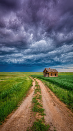 An isolated building stands at the end of a dirt road, beneath a dramatic, stormy sky. Lush green fields surround the structure, contrasting with the dark clouds overhead. The scene showcases a rural landscape with a sense of solitude. This imagery could be used for various editorial or commercial purposes.の素材
