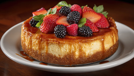A delectable cheesecake sits atop a white plate, garnished with an assortment of fresh berries. The dessert exhibits a golden brown crust and a creamy filling. The composition showcases soft lighting and detailed textures, suitable for culinary presentations and editorial content.の素材