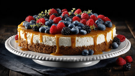 A close-up showcases a cheesecake topped with an array of fresh berries and drizzled caramel. The dessert sits on a decorative white plate against a dark background, possibly indoors. The composition suggests a focus on food presentation, suitable for use in culinary publications and promotional materials.の素材