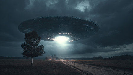A colossal, metallic flying saucer dominates the night sky above a silhouetted landscape. A bright light emanates from the vessel, illuminating a rural setting, possibly a field or road. The composition features dark, moody tones and atmospheric effects. It could be used for concepts such as science fiction or extraterrestrial themes.の素材