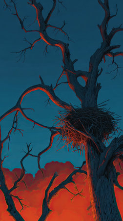 An artistic illustration depicts a bare tree with a bird's nest, set against an orange and blue gradient backdrop. The composition, with its contrasting colors and textures, evokes a sense of solitude. The scene could be used for various editorial or commercial purposes to represent themes of nature.の素材