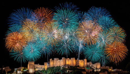 An explosion of vibrant fireworks bursts over a silhouetted cityscape at night. The scene showcases various colors, including blues, oranges, and greens, creating a dynamic composition. The lighting illuminates the buildings, hinting at an outdoor environment. The image could be used for commercial and editorial purposes, and to evoke celebration.の素材