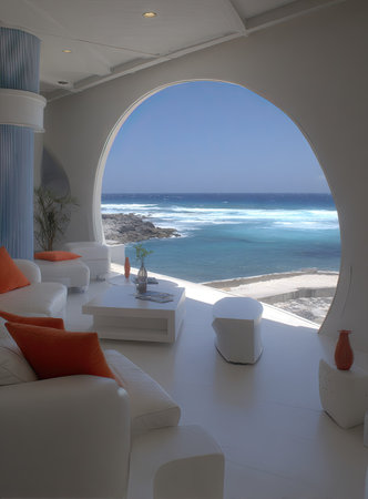 An interior showcases a bright, modern living space with white furnishings. An arched window frames a vast ocean view, displaying blue waters and clear skies. The scene is illuminated by natural light. This image is suitable for use in architectural presentations, travel promotions, and design publications.の素材