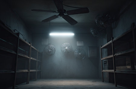 An interior shot depicts a shadowy room with a prominent ceiling fan. Empty shelves line the walls, illuminated by a central light source. The scene is characterized by muted tones, a slight haze, and a dramatic lighting arrangement, potentially suitable for various commercial and editorial applications.の素材