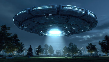 An unidentified flying object, a futuristic spacecraft, is illuminated against a night sky. The image shows an illuminated craft hovering above a park-like area, suggesting an outdoor setting. The lighting and composition create a dramatic visual. This scene could be utilized for various commercial and conceptual applications.の素材