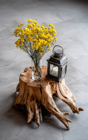 A still life composition showcases a bouquet of yellow flowers in a clear vase, next to a lantern. The arrangement rests on a natural, weathered wooden stump. The photograph exhibits natural lighting, highlighting textures and details suitable for various commercial applications.の素材