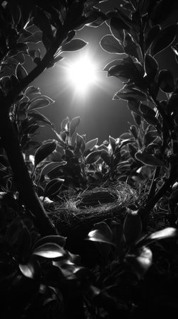 This detailed black and white image features a nest carefully framed by leafy branches. The composition highlights the contrast between light and shadow. The interplay of textures and the overall depth of field suggest a natural setting. This image is potentially suitable for various editorial and commercial applications.の素材